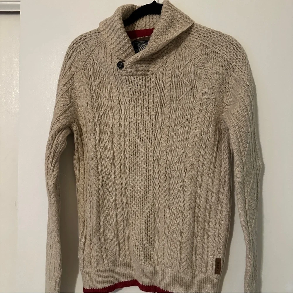 Men's Roots Canada Wool Cable Knit Button Cowl Neck Sweater Size Small